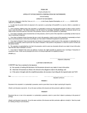 Affidavit of Documents for Corporation or Partnership