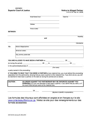 Ontario Superior Court Notice to Alleged Partner