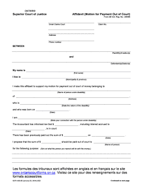 Ontario Superior Court Affidavit for Payment Out of Court