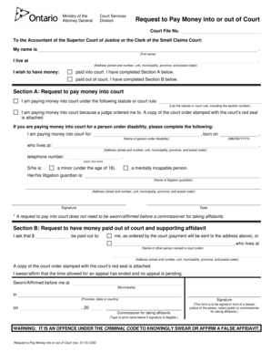 Request to Pay Money into or out of Court