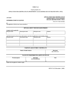 Ontario Application for Certificate of Appointment as Succeeding Estate Trustee with a Will