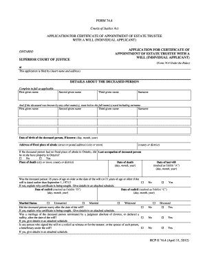 Application for Certificate of Appointment of Estate Trustee with a Will