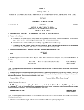 Notice of Application for Certificate of Appointment of Estate Trustee with a Will