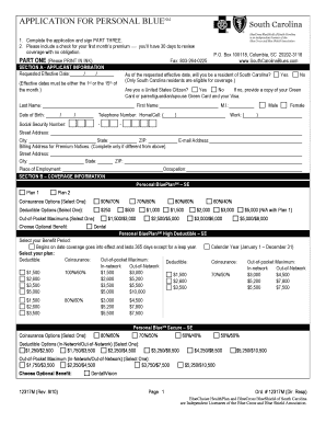 South Carolina Personal Blue Health Insurance Application