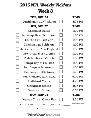 Fillable Online 2015 NFL Weekly Pickem Week 3 - printyourbracketscom ...