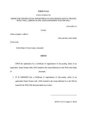 Order for Certificate of Appointment of Estate Trustee