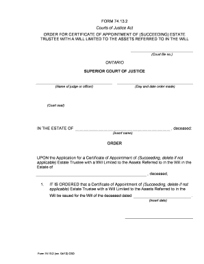 Order for Certificate of Appointment of Estate Trustee