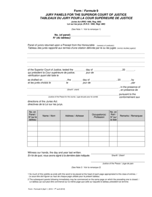 Jury Panel Form for Superior Court of Justice