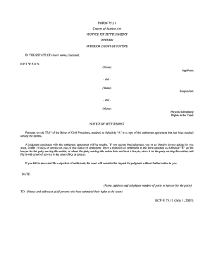Ontario Notice of Settlement Form 75.11