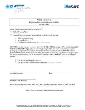 Physician Discontinuation of Services Order Form