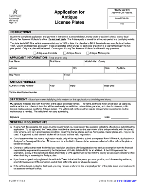 Texas Antique Vehicle License Plate Application