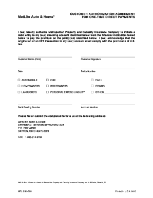 MetLife Auto & Home One-Time Direct Payment Authorization