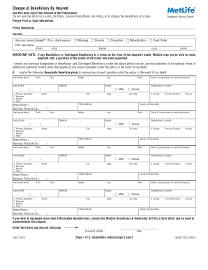 Change of Beneficiary By Insured Form