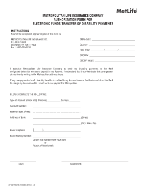 Metropolitan Life Insurance Electronic Funds Transfer Authorization