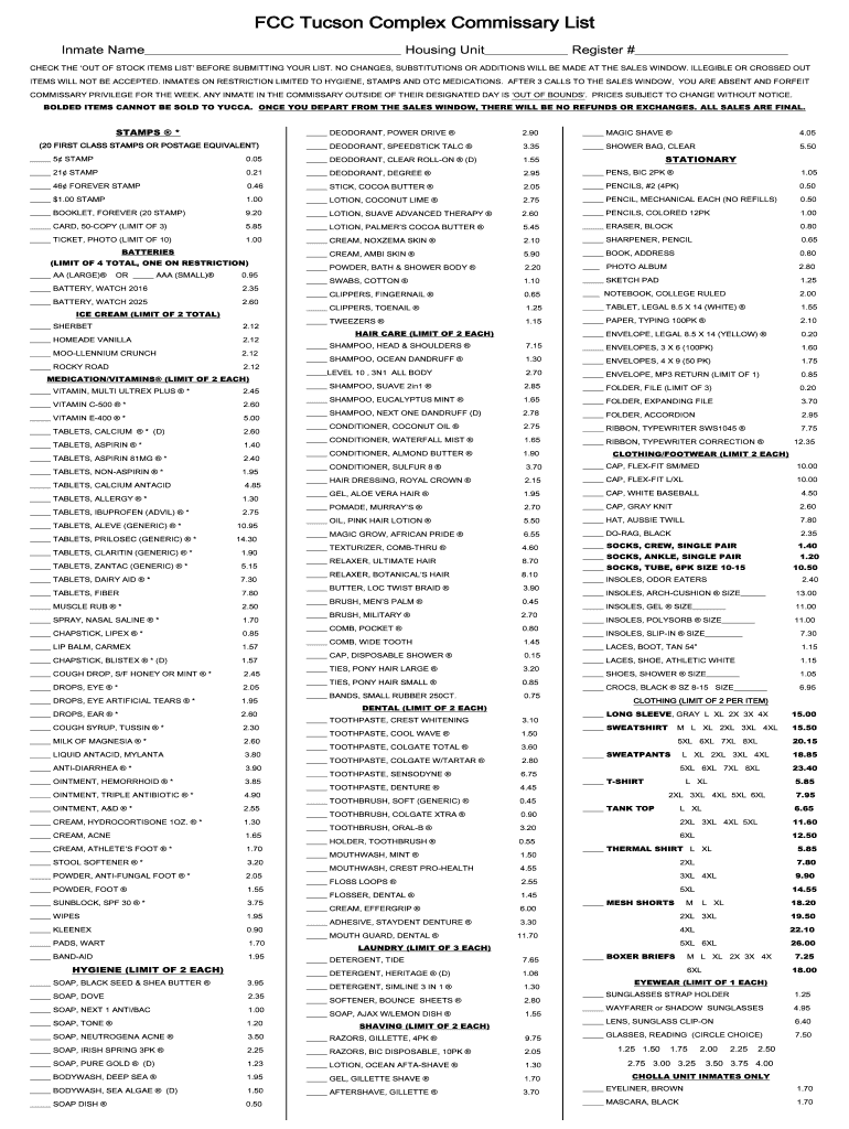 Fillable Online bop FCC Tucson Complex Commissary List bop Fax Email