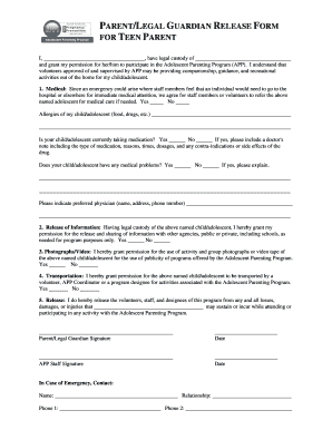 Parent Legal Guardian Release Form for Teen Parent