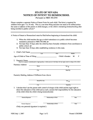 Nevada Notice of Intent to Homeschool