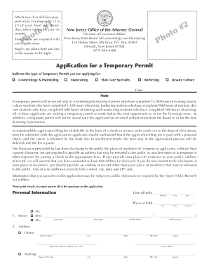 New Jersey Temporary Permit Application for Cosmetology and Hairstyling