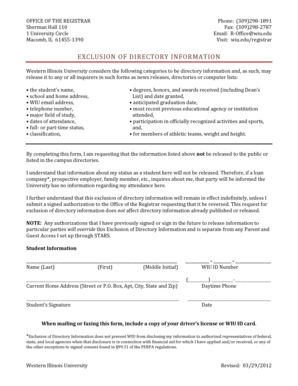 Western Illinois University Directory Information Exclusion Form