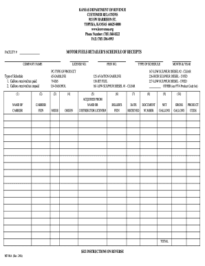 Kansas Motor Fuels Retailer's Schedule of Receipts