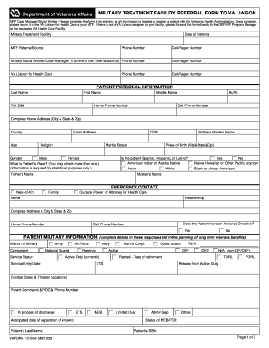 Military Treatment Facility Referral Form to VA Liaison