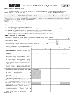 Arizona Form 220 Underpayment of Estimated Tax by Corporations 2014