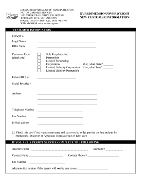 Missouri Overdimension Overweight New Customer Information