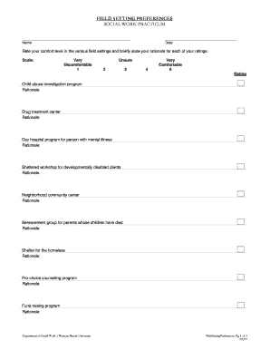 Social Work Practicum Field Setting Preferences Form