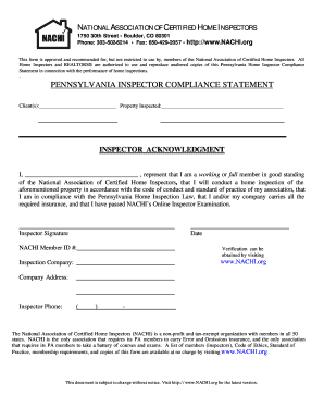 Pennsylvania Home Inspector Compliance Statement