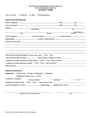 South Carolina Foster Care Adoption Intake Form