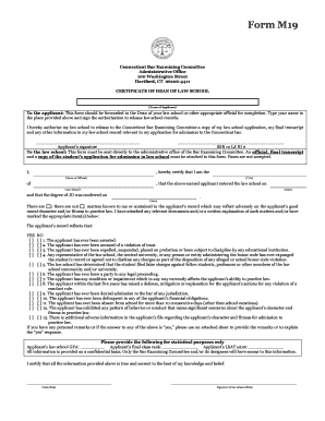 Connecticut Bar Examining Committee Certificate of Dean of Law School