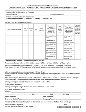 South Carolina Child and Adult Care Food Program Enrollment Form