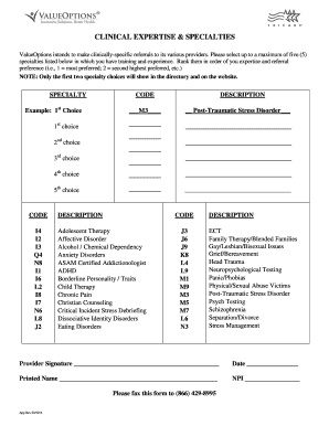 Provider Specialty Selection Form