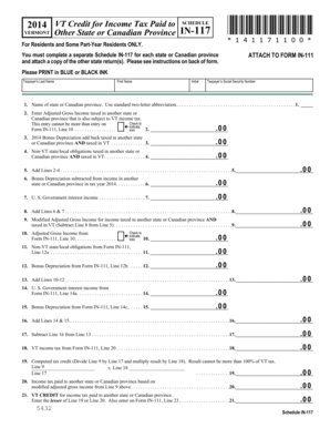 Vermont Credit for Income Tax Paid to Other States Schedule IN-117