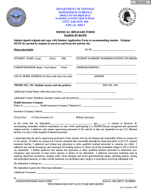 DoDDS Europe Medical Release Form