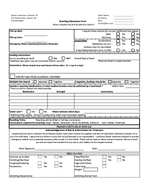 Shaker Veterinary Hospital Boarding Admissions Form