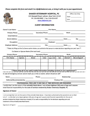 Shaker Veterinary Hospital Client Information Form