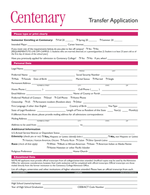 Centenary College Transfer Application