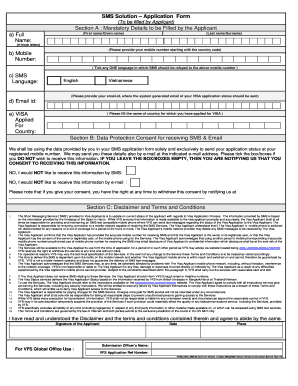 VFS Global SMS Service Application Form