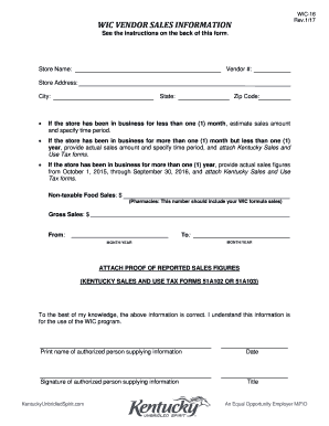 WIC Vendor Sales Information Form