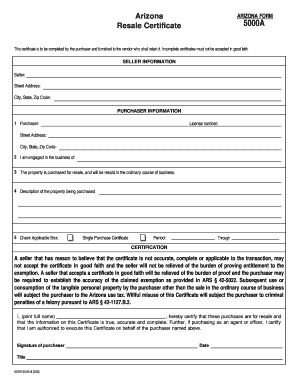 Arizona Resale Certificate 5000A