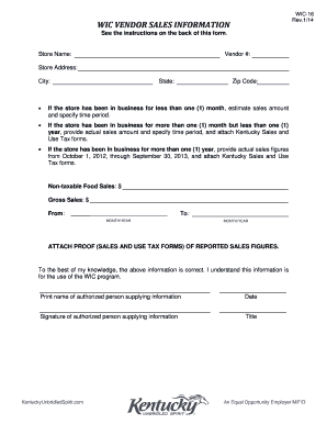 WIC Vendor Sales Information Form