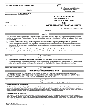 North Carolina Notice of Hearing on Incompetence