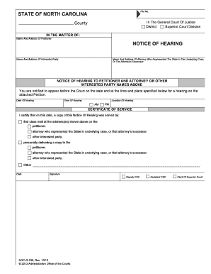 North Carolina Notice of Hearing