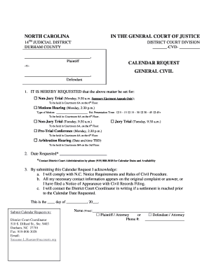 North Carolina Calendar Request Form