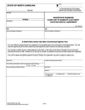 North Carolina Vacation Rental Agreement Summons