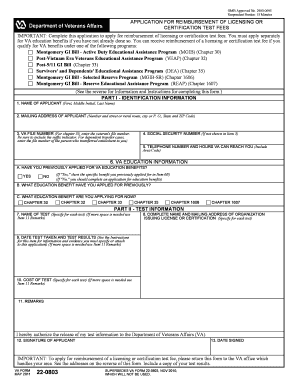 VA Form 22-0803 Application for Reimbursement of Licensing or Certification Test Fees