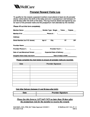 Prenatal Reward Visits Log