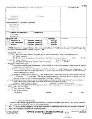 California Domestic Partnership or Marriage Petition Form FL-103