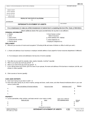 California Defendant's Statement of Assets Form CR-115